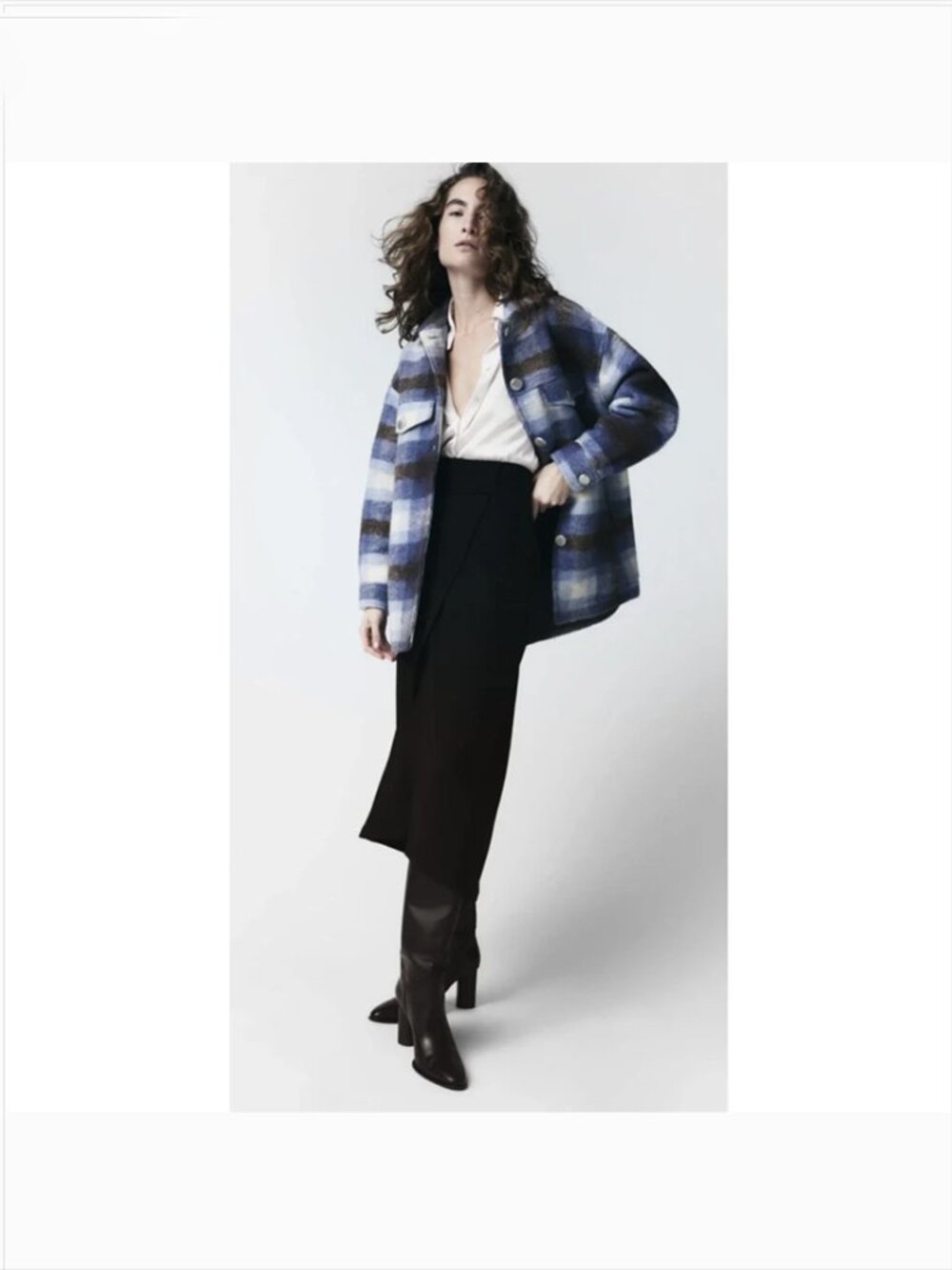Zara Womens Plaid Overshirt Shacket L Wool Blend Blue Coat Long Sleeve Pockets